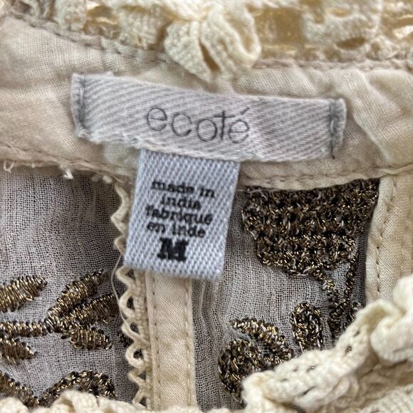Urban Outfitters Ecote Sz M Peplum Top Ivory‎ Crochet Lace Metallic Embroidery - Picture 7 of 11